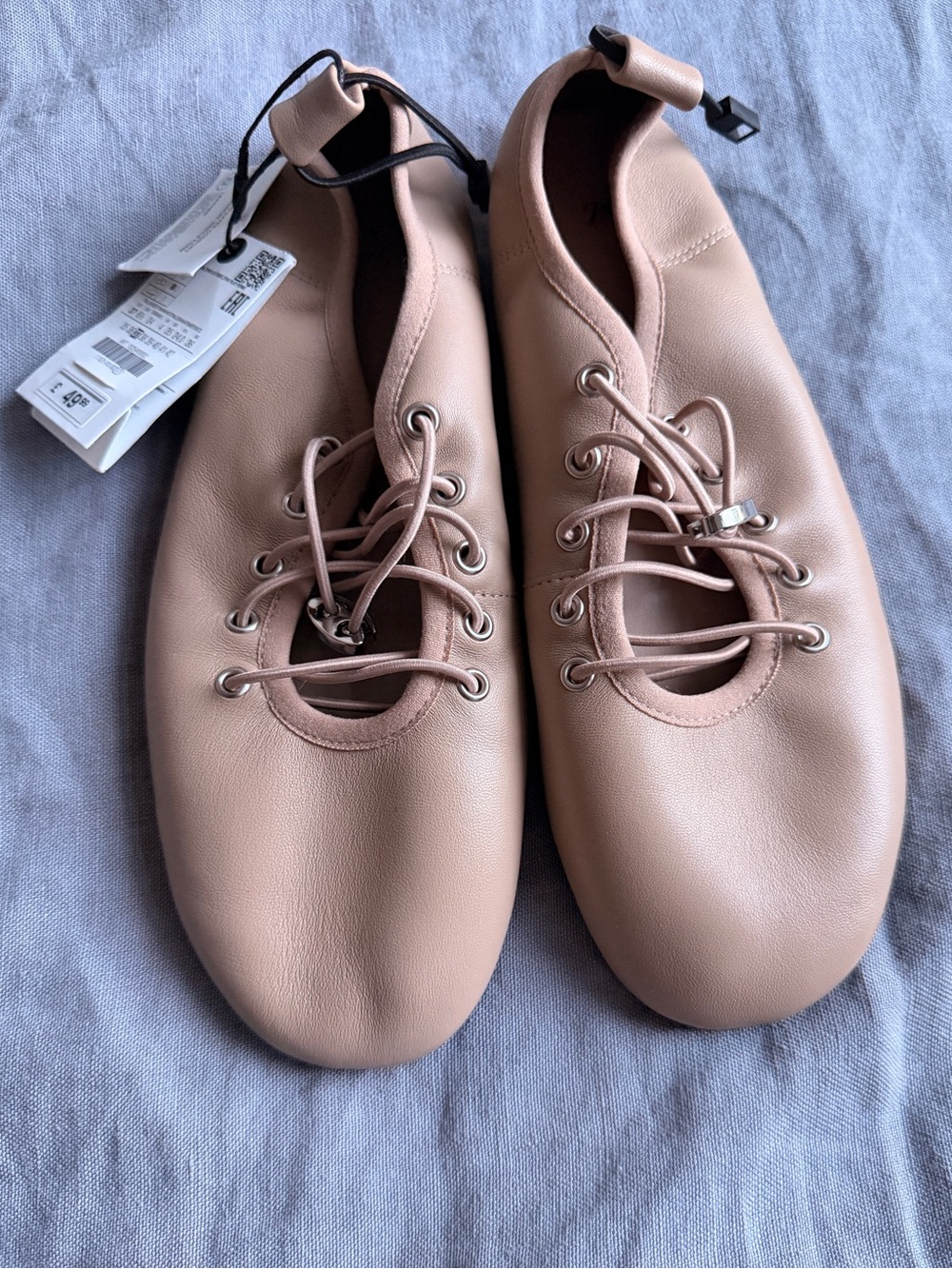 NWT Zara Genuine Leather Lace-Up Ballet Flat